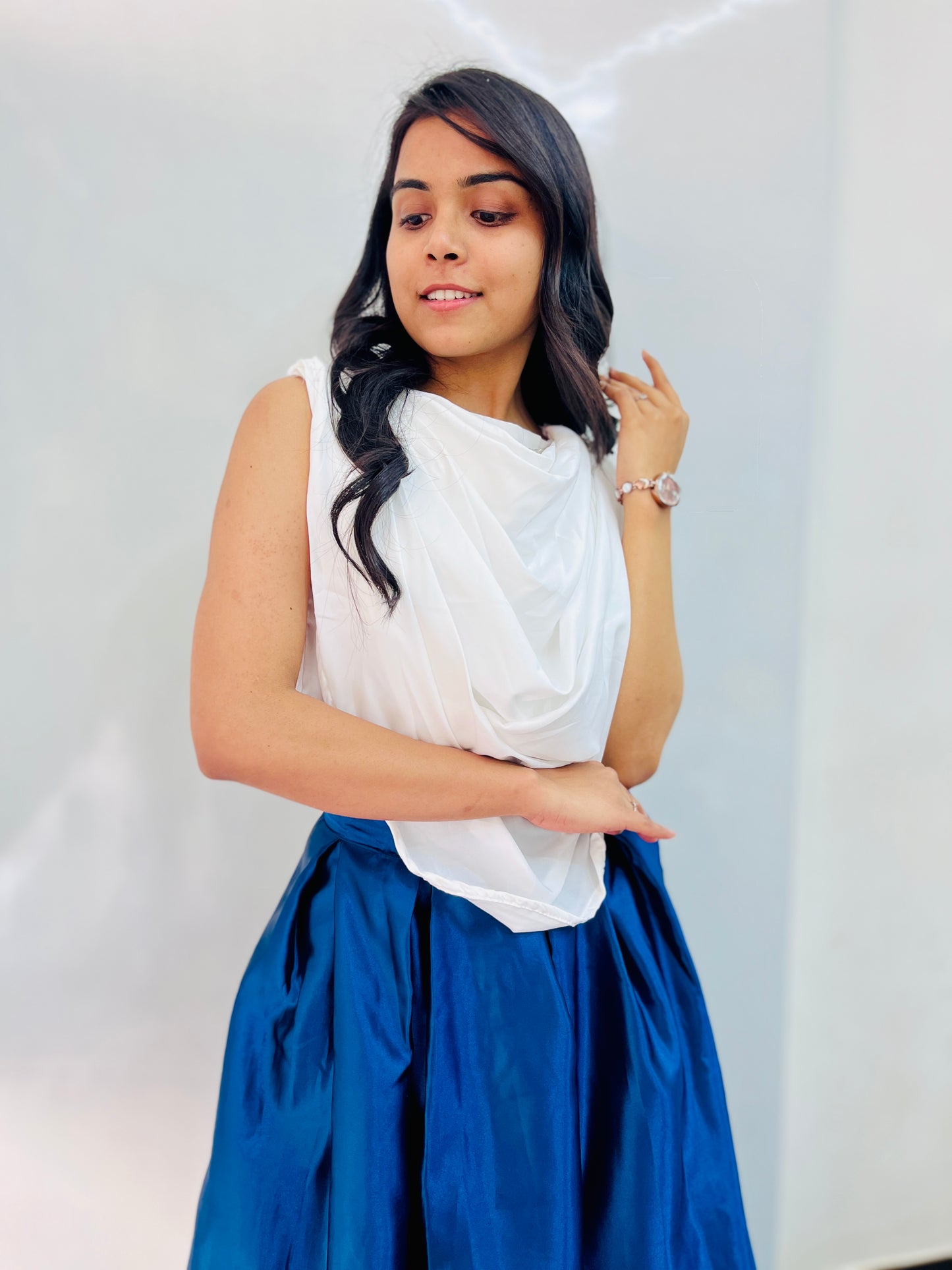 Box plited skirt with beautiful White draped top