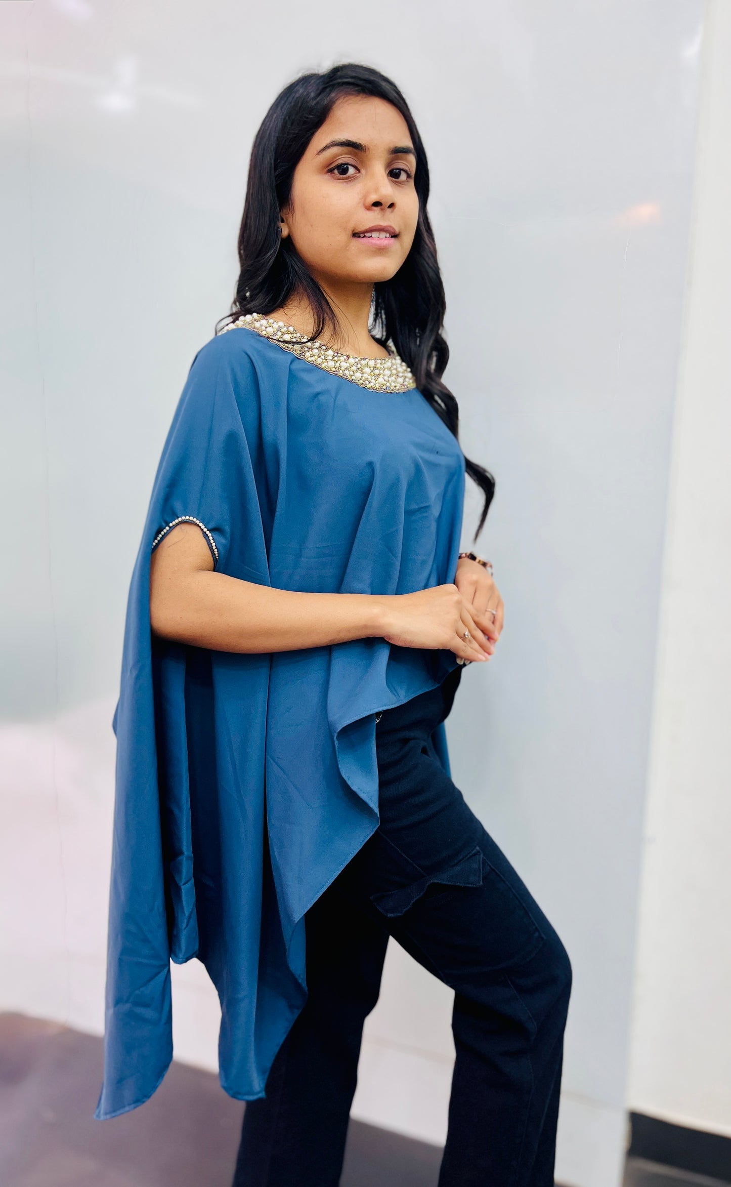 Gray Caftan top with pear neck