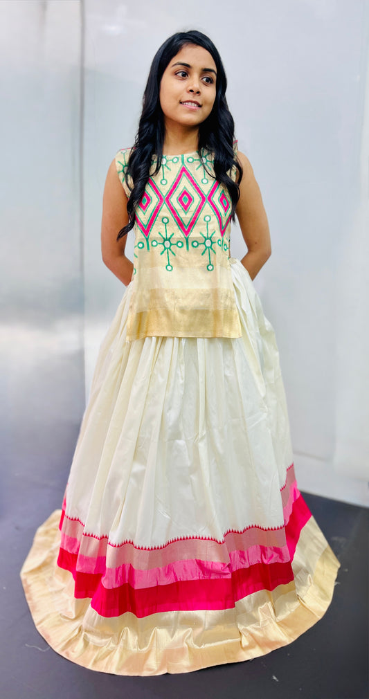 White  lahenga with pink embroidery top