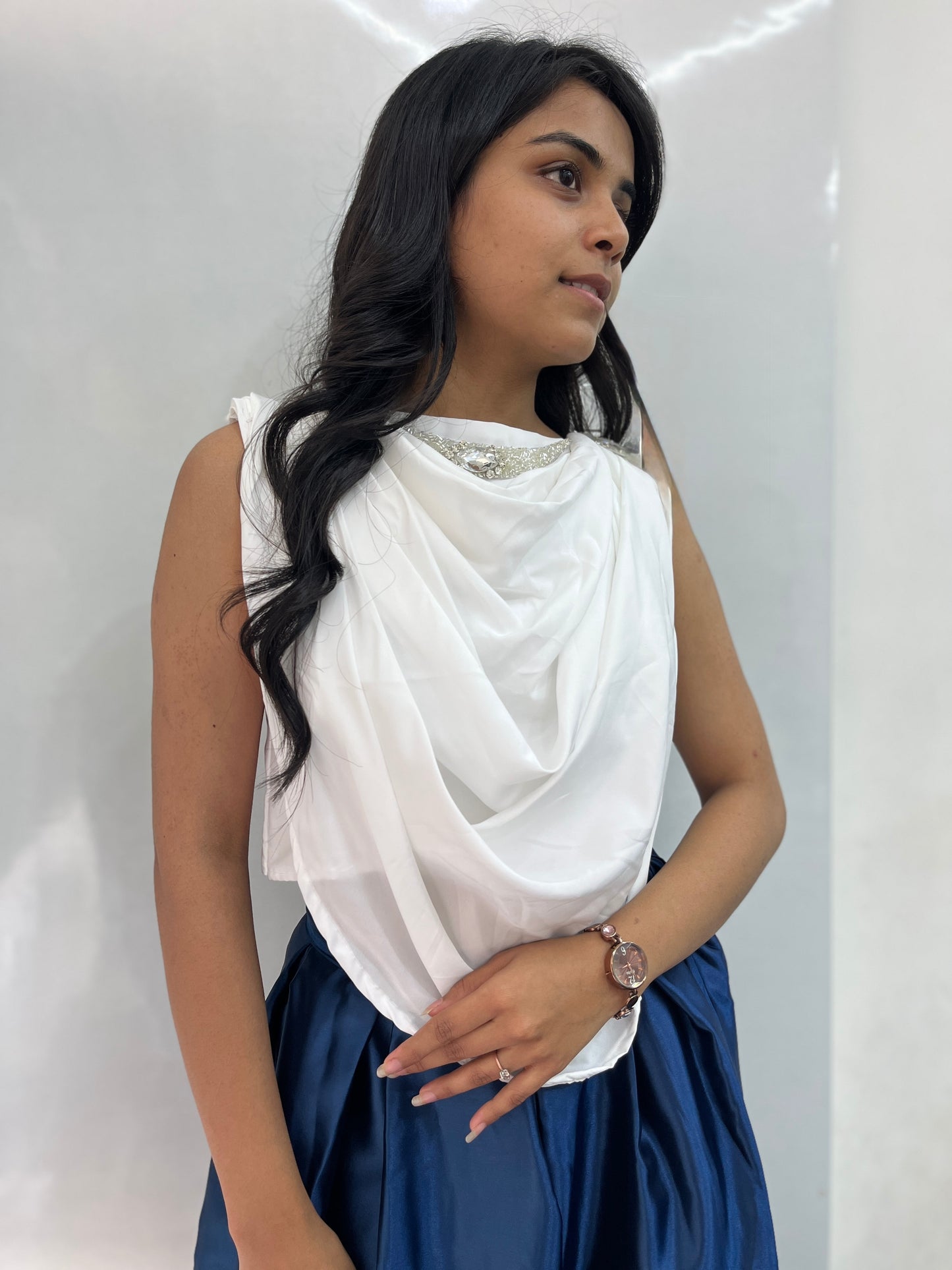 Box plited skirt with beautiful White draped top